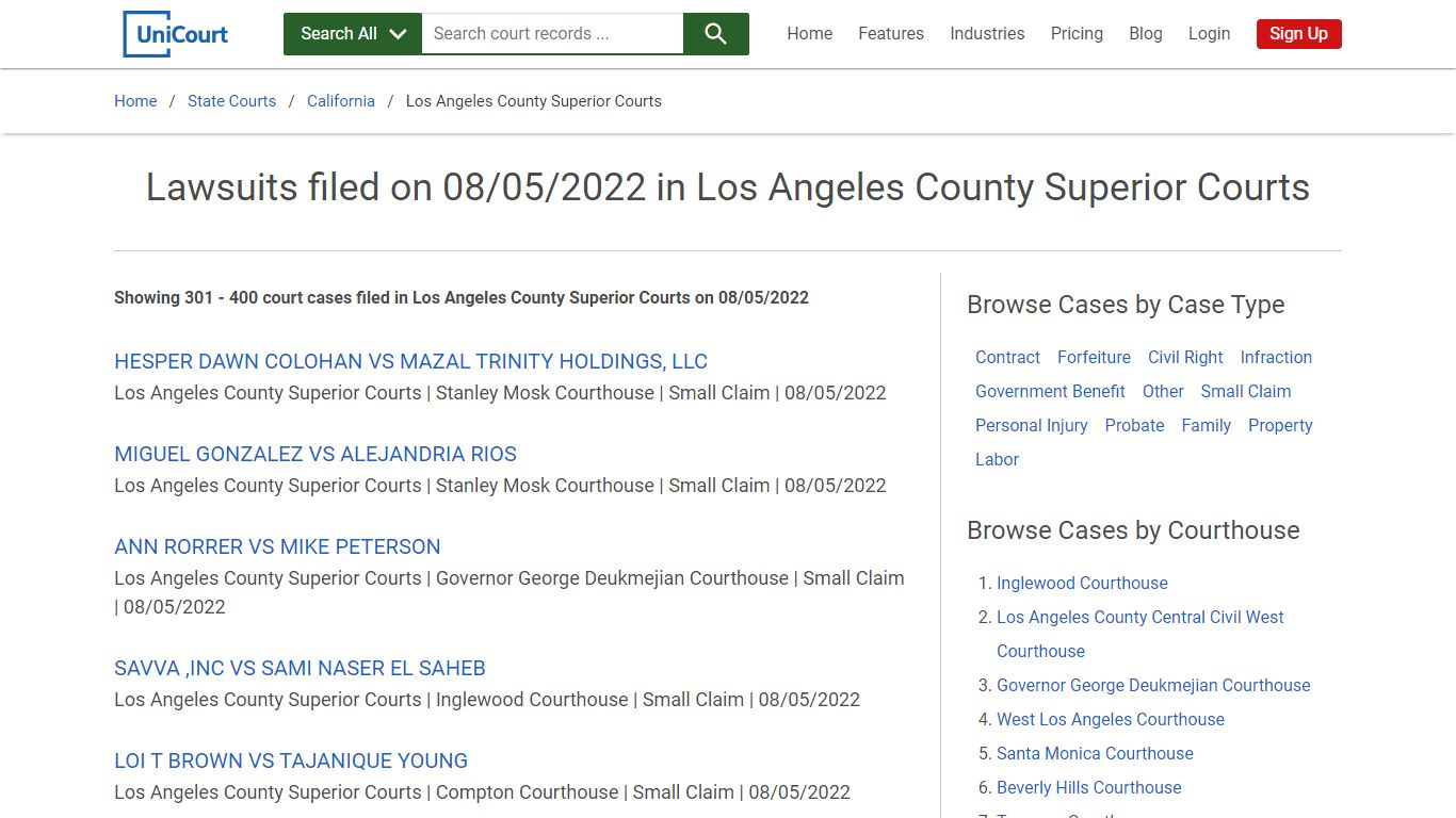 Lawsuits filed on 08/05/2022 in Los Angeles County Superior Courts